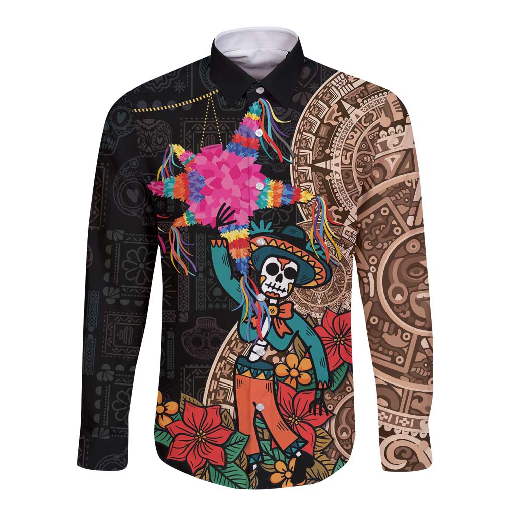 Las Posadas Long Sleeve Button Shirt Pinata With Mexican Aztec Circle - Wonder Print Shop