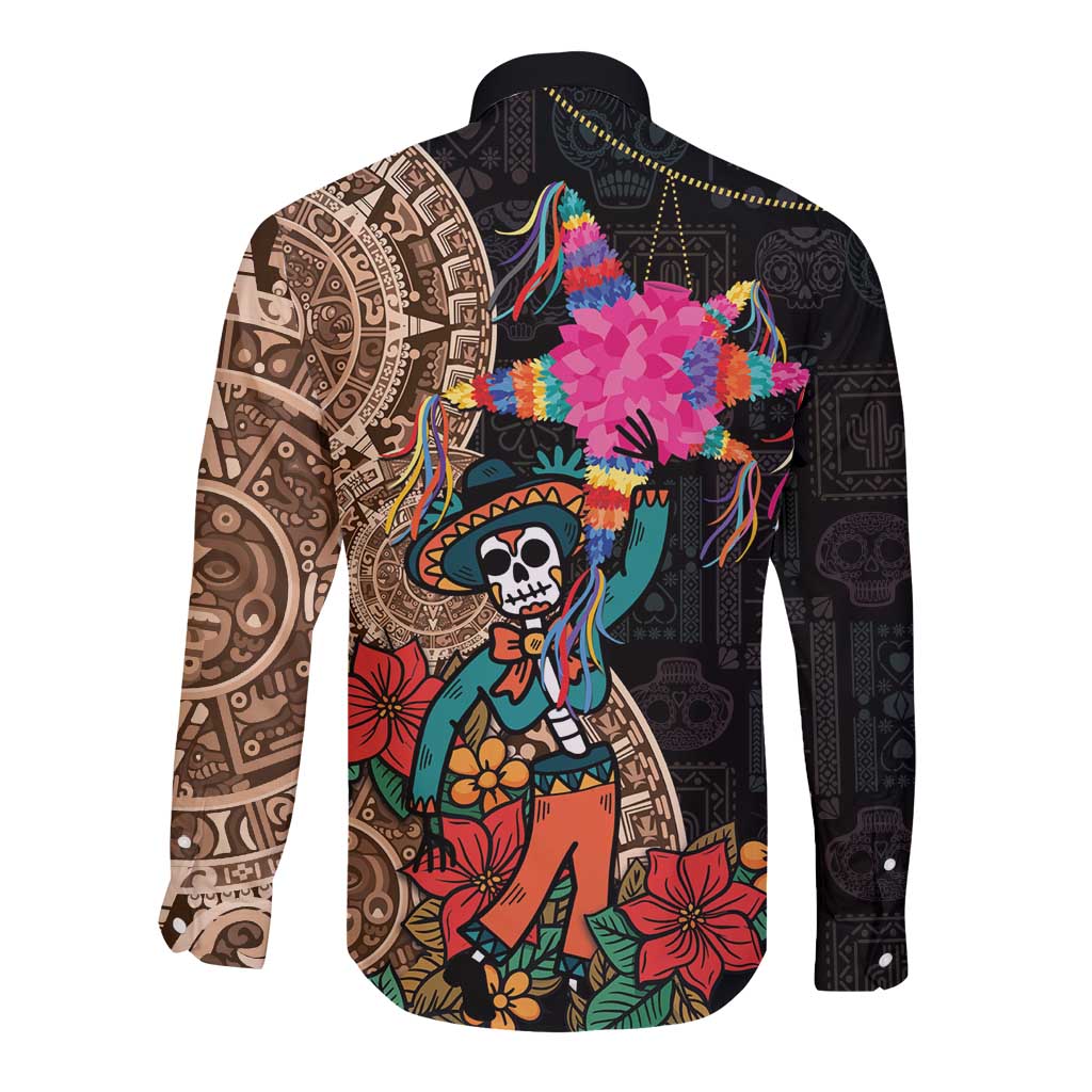 Las Posadas Long Sleeve Button Shirt Pinata With Mexican Aztec Circle - Wonder Print Shop
