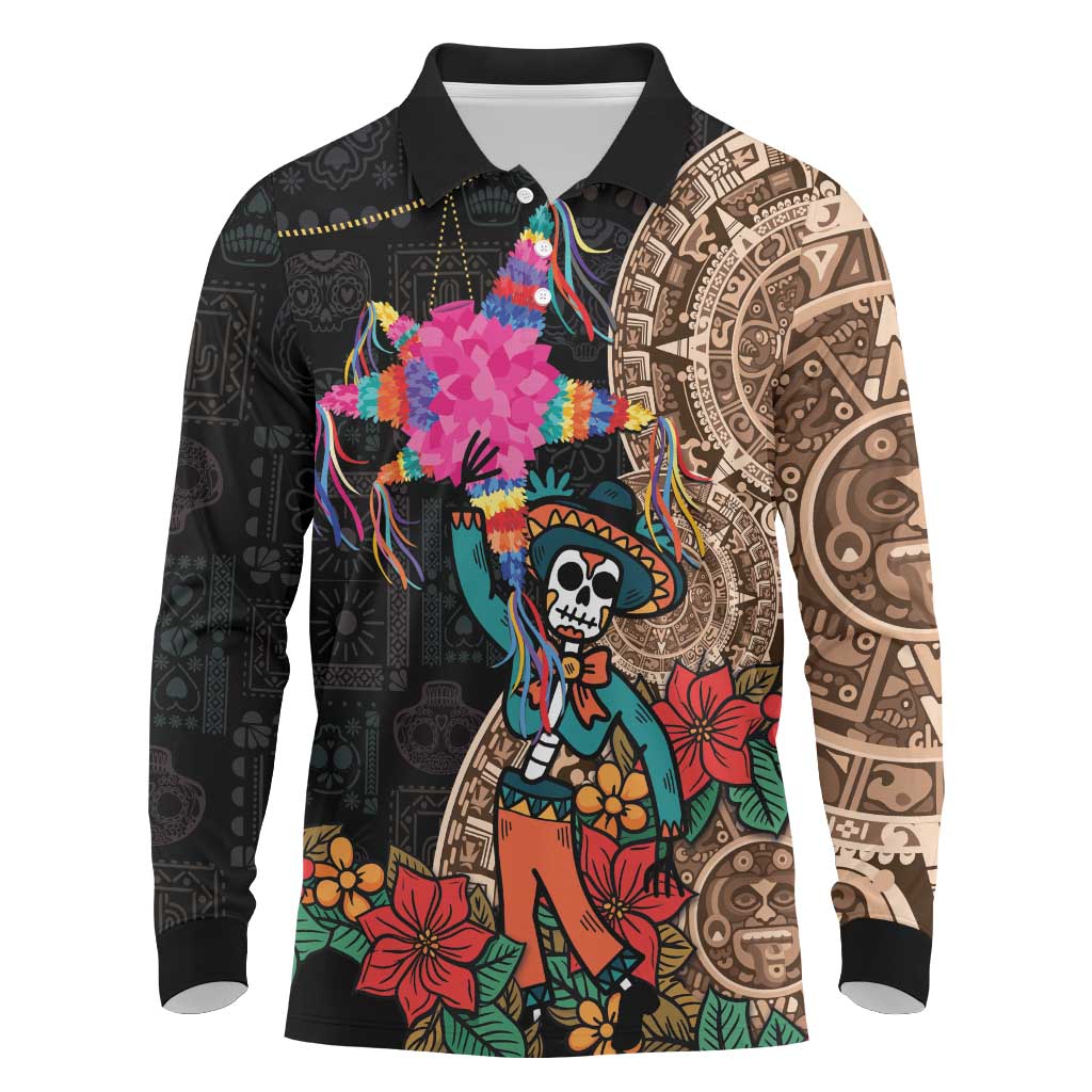 Las Posadas Long Sleeve Polo Shirt Pinata With Mexican Aztec Circle - Wonder Print Shop