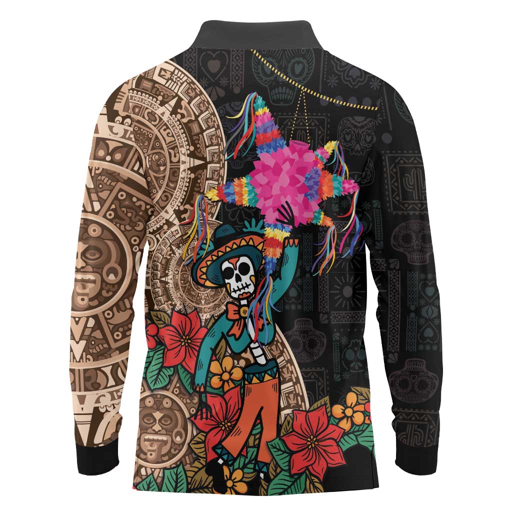 Las Posadas Long Sleeve Polo Shirt Pinata With Mexican Aztec Circle - Wonder Print Shop