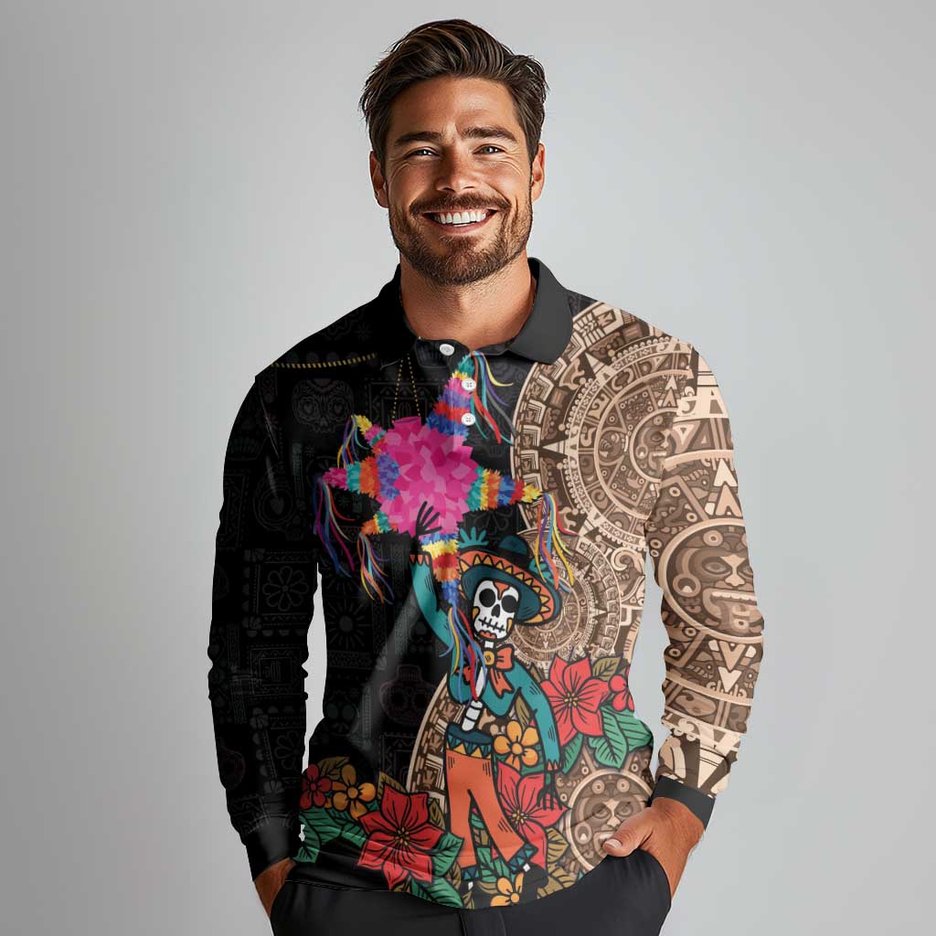 Las Posadas Long Sleeve Polo Shirt Pinata With Mexican Aztec Circle - Wonder Print Shop