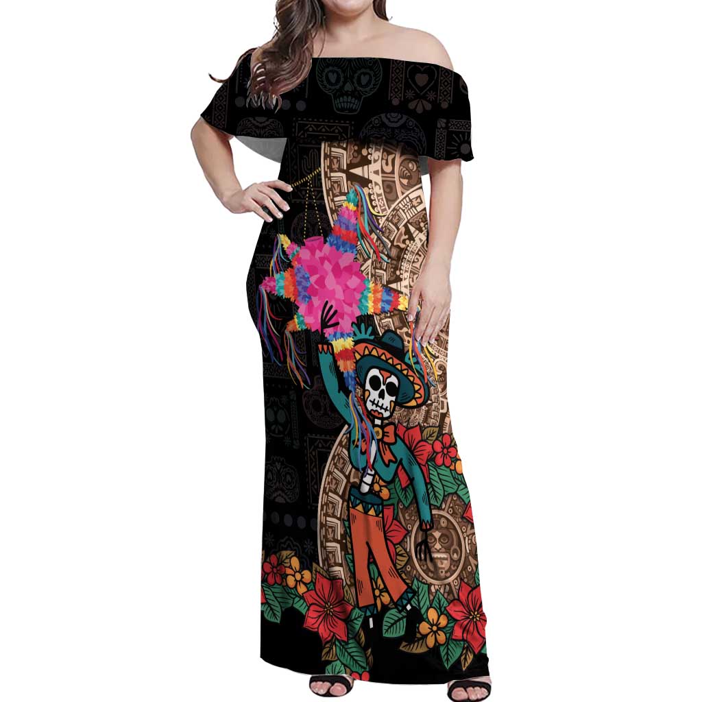 Las Posadas Off Shoulder Maxi Dress Pinata With Mexican Aztec Circle - Wonder Print Shop