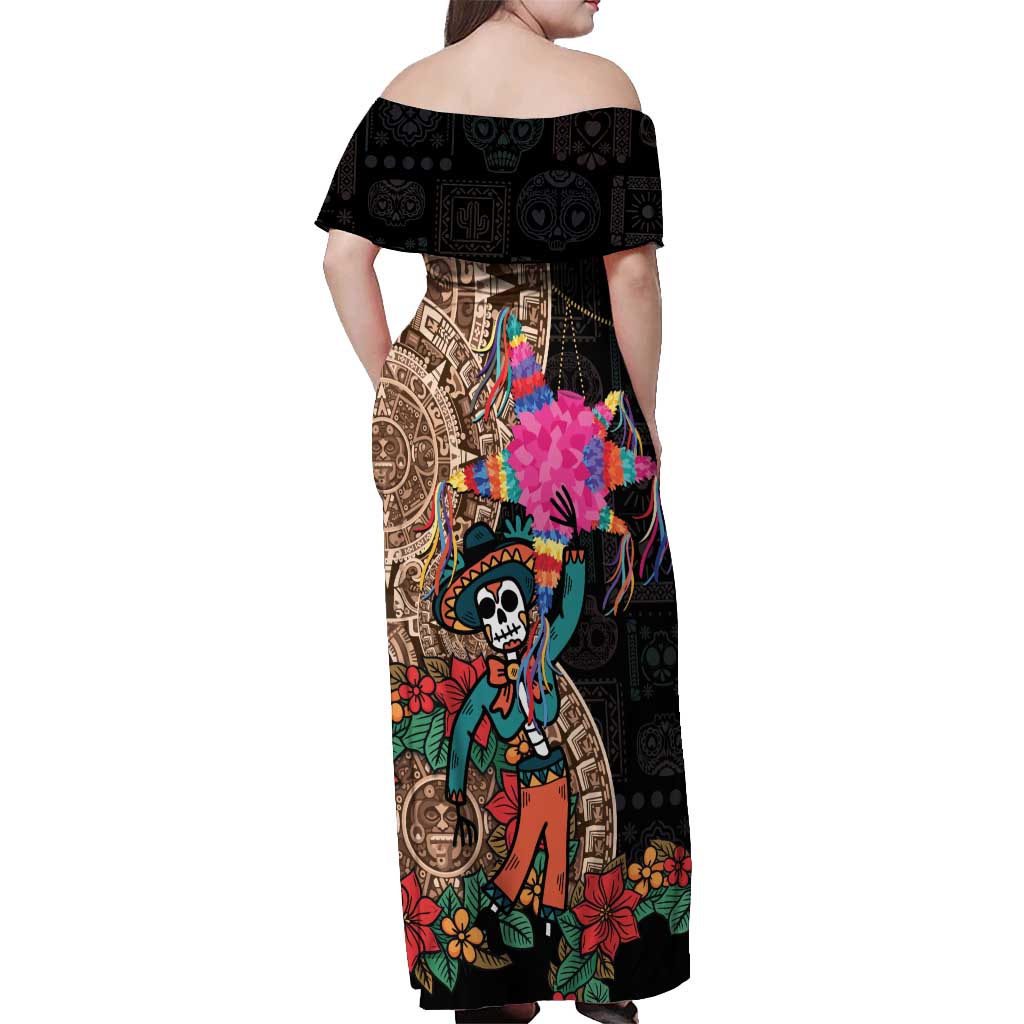 Las Posadas Off Shoulder Maxi Dress Pinata With Mexican Aztec Circle - Wonder Print Shop