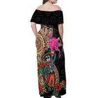 Las Posadas Off Shoulder Maxi Dress Pinata With Mexican Aztec Circle - Wonder Print Shop