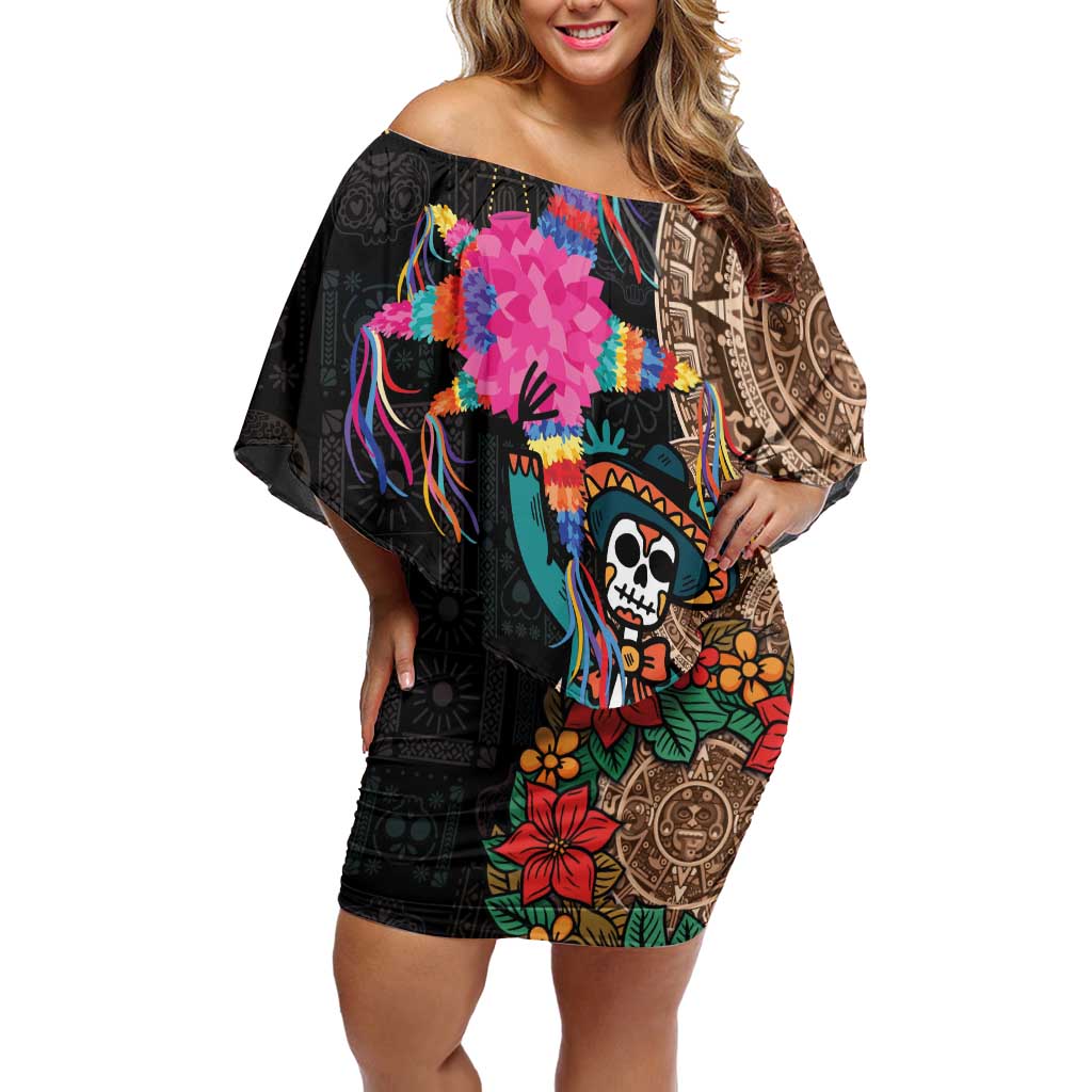 Las Posadas Off Shoulder Short Dress Pinata With Mexican Aztec Circle - Wonder Print Shop