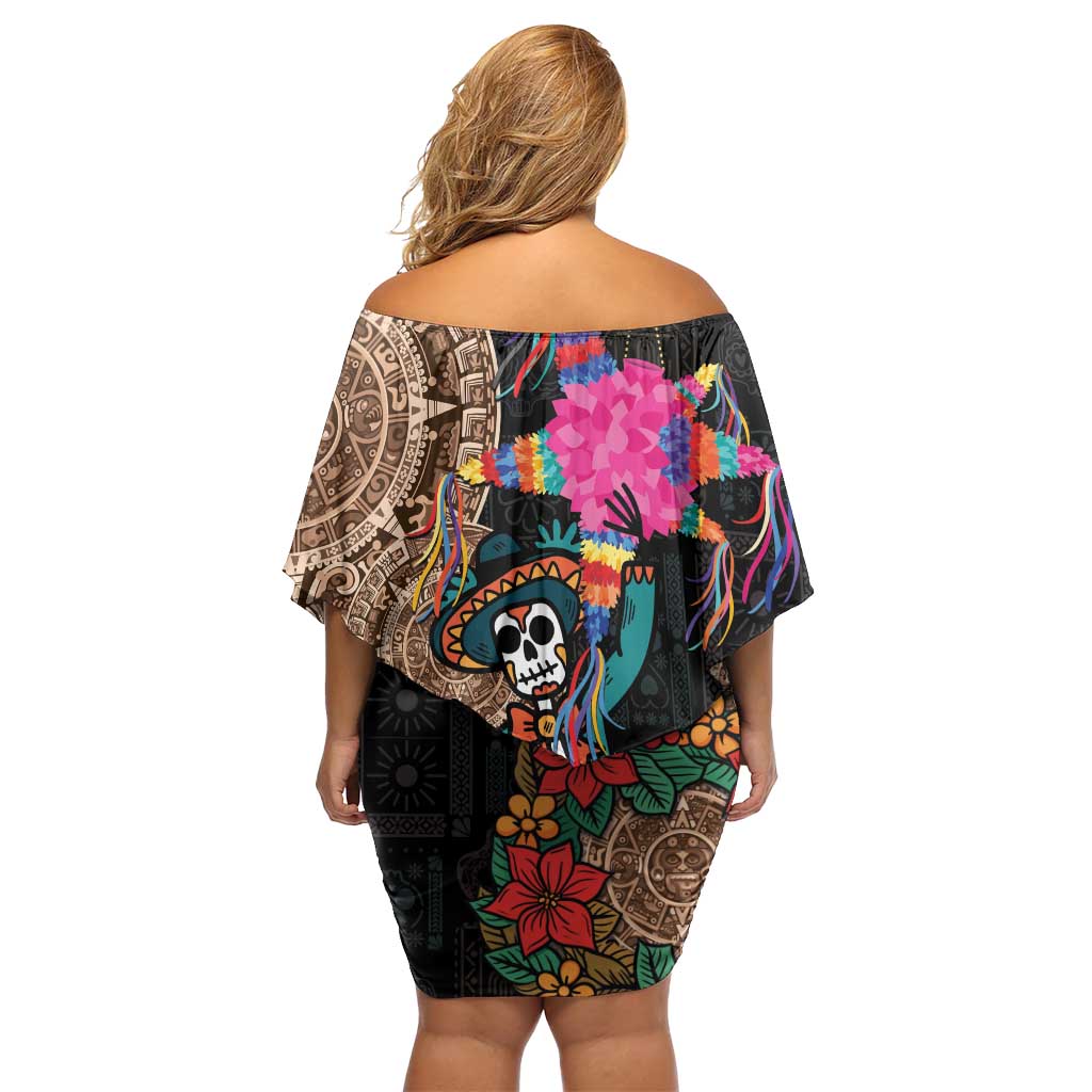 Las Posadas Off Shoulder Short Dress Pinata With Mexican Aztec Circle - Wonder Print Shop