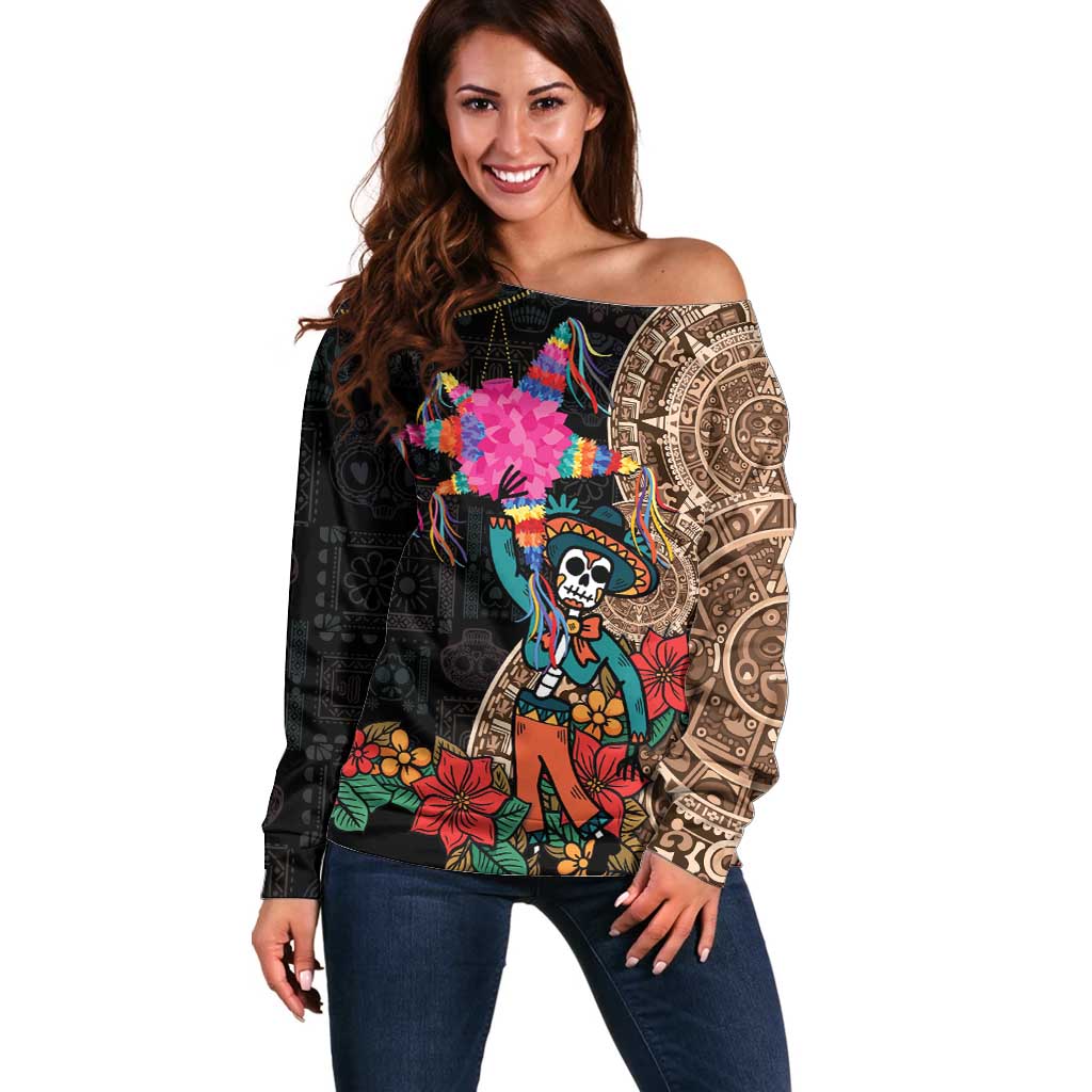 Las Posadas Off Shoulder Sweater Pinata With Mexican Aztec Circle - Wonder Print Shop