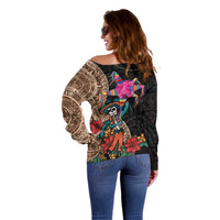 Las Posadas Off Shoulder Sweater Pinata With Mexican Aztec Circle - Wonder Print Shop