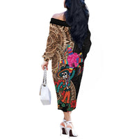 Las Posadas Off The Shoulder Long Sleeve Dress Pinata With Mexican Aztec Circle - Wonder Print Shop