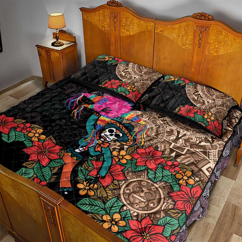 Las Posadas Quilt Bed Set Pinata With Mexican Aztec Circle - Wonder Print Shop