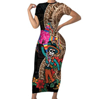 Las Posadas Short Sleeve Bodycon Dress Pinata With Mexican Aztec Circle - Wonder Print Shop