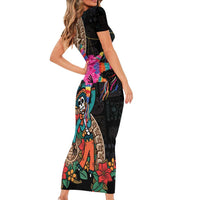 Las Posadas Short Sleeve Bodycon Dress Pinata With Mexican Aztec Circle - Wonder Print Shop