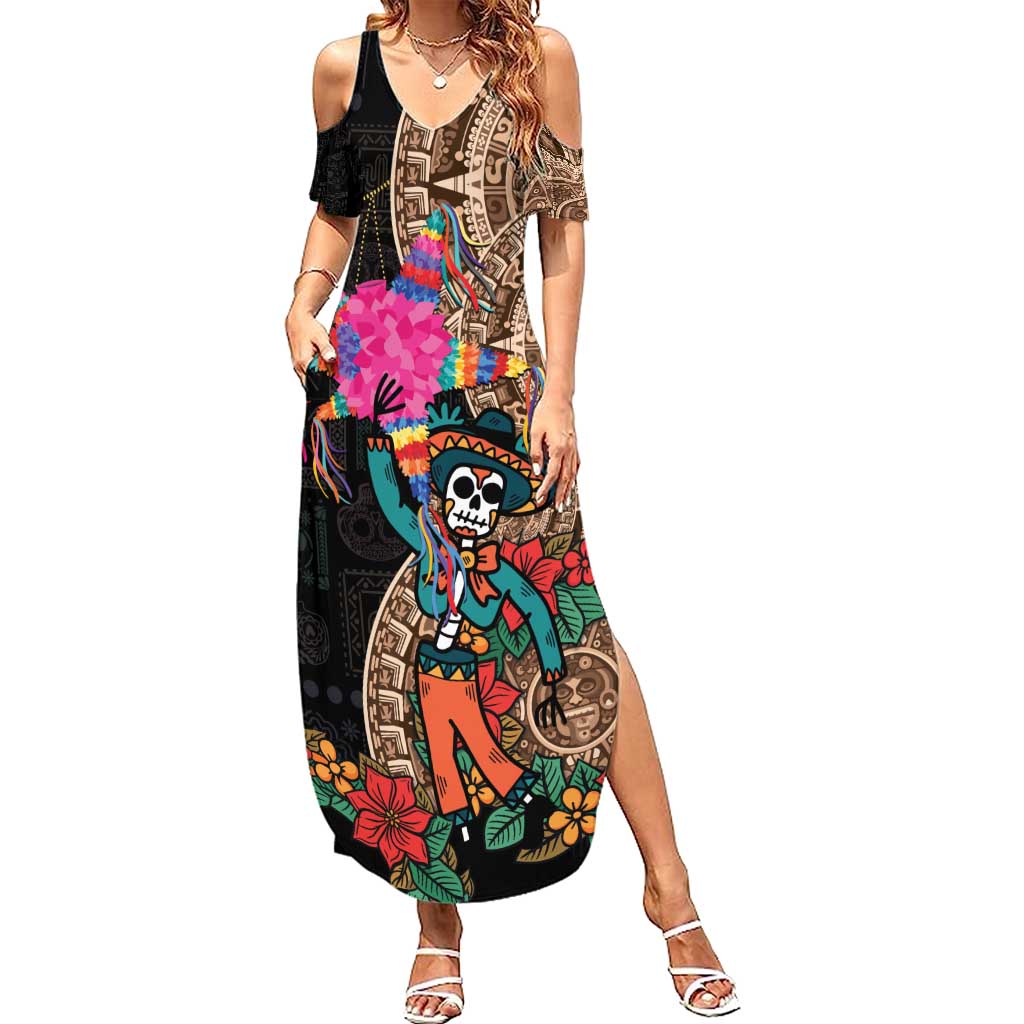 Las Posadas Summer Maxi Dress Pinata With Mexican Aztec Circle - Wonder Print Shop