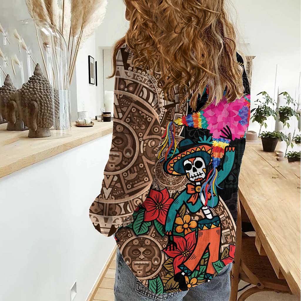 Las Posadas Women Casual Shirt Pinata With Mexican Aztec Circle - Wonder Print Shop