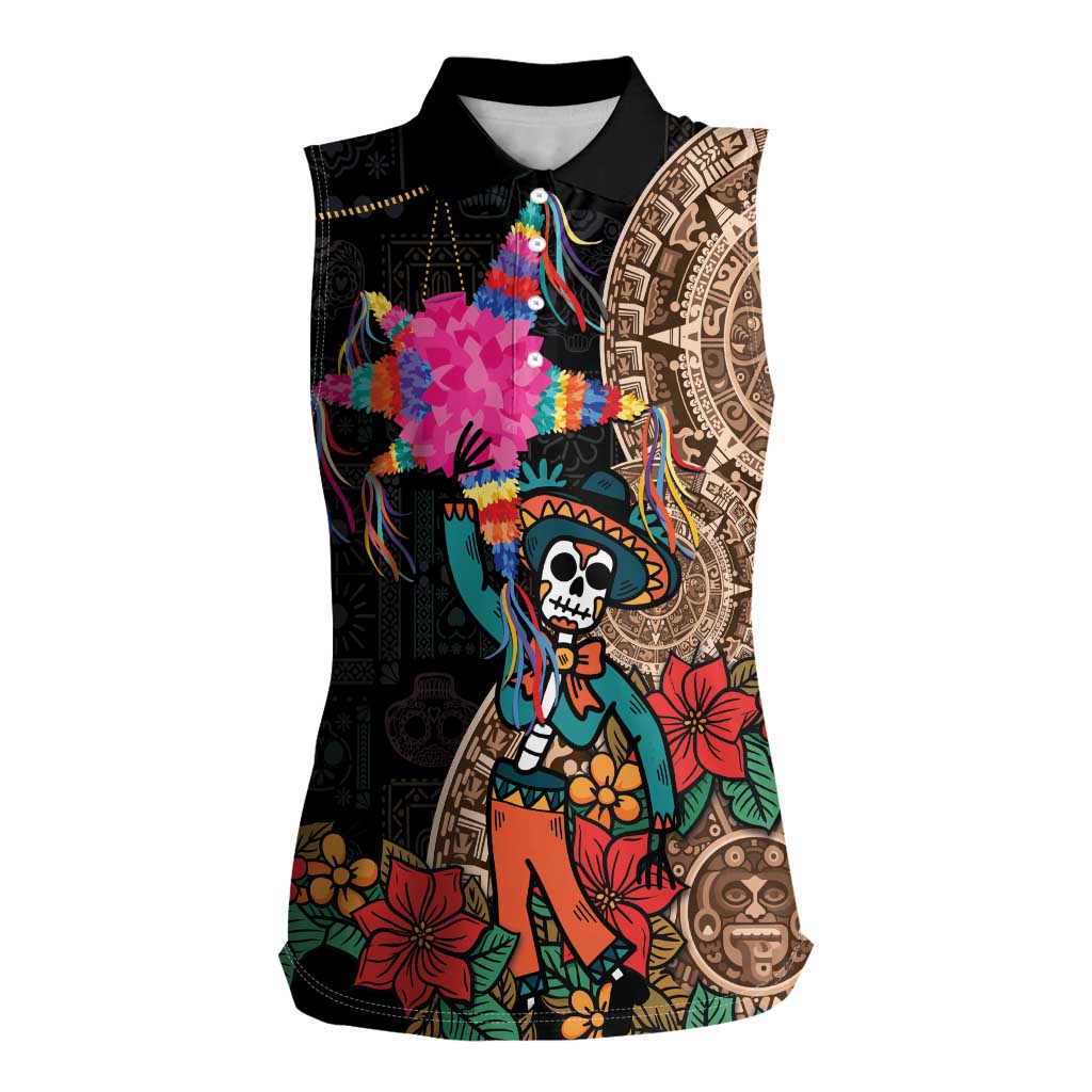 Las Posadas Women Sleeveless Polo Shirt Pinata With Mexican Aztec Circle - Wonder Print Shop
