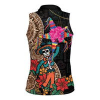 Las Posadas Women Sleeveless Polo Shirt Pinata With Mexican Aztec Circle - Wonder Print Shop