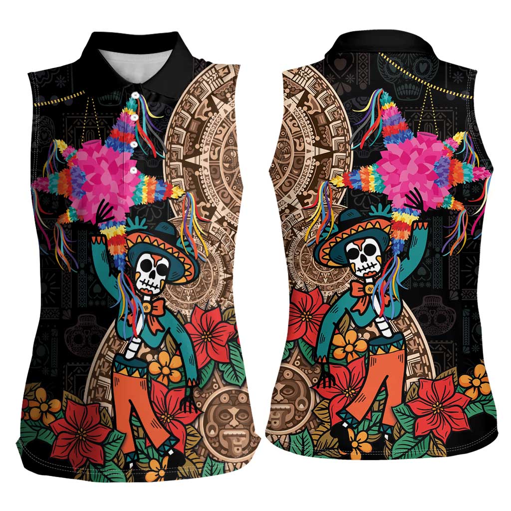 Las Posadas Women Sleeveless Polo Shirt Pinata With Mexican Aztec Circle - Wonder Print Shop