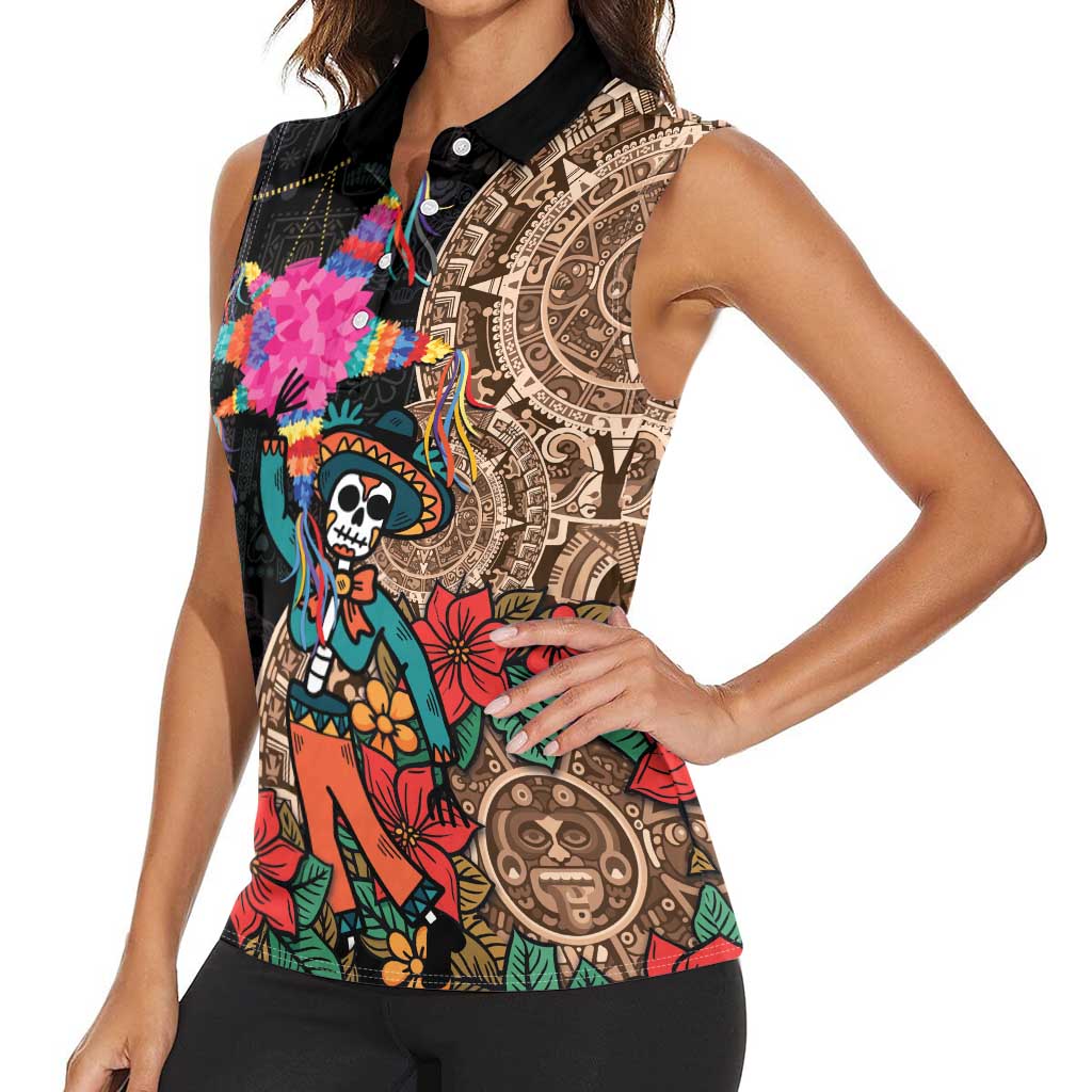 Las Posadas Women Sleeveless Polo Shirt Pinata With Mexican Aztec Circle - Wonder Print Shop