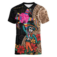 Las Posadas Women V-Neck T-Shirt Pinata With Mexican Aztec Circle - Wonder Print Shop