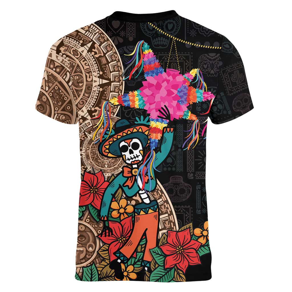 Las Posadas Women V-Neck T-Shirt Pinata With Mexican Aztec Circle - Wonder Print Shop