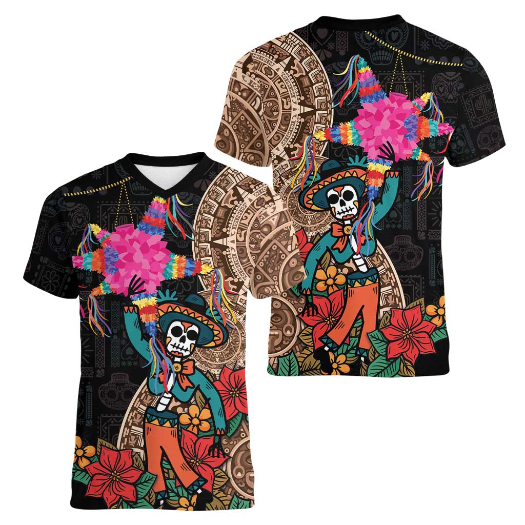 Las Posadas Women V-Neck T-Shirt Pinata With Mexican Aztec Circle - Wonder Print Shop