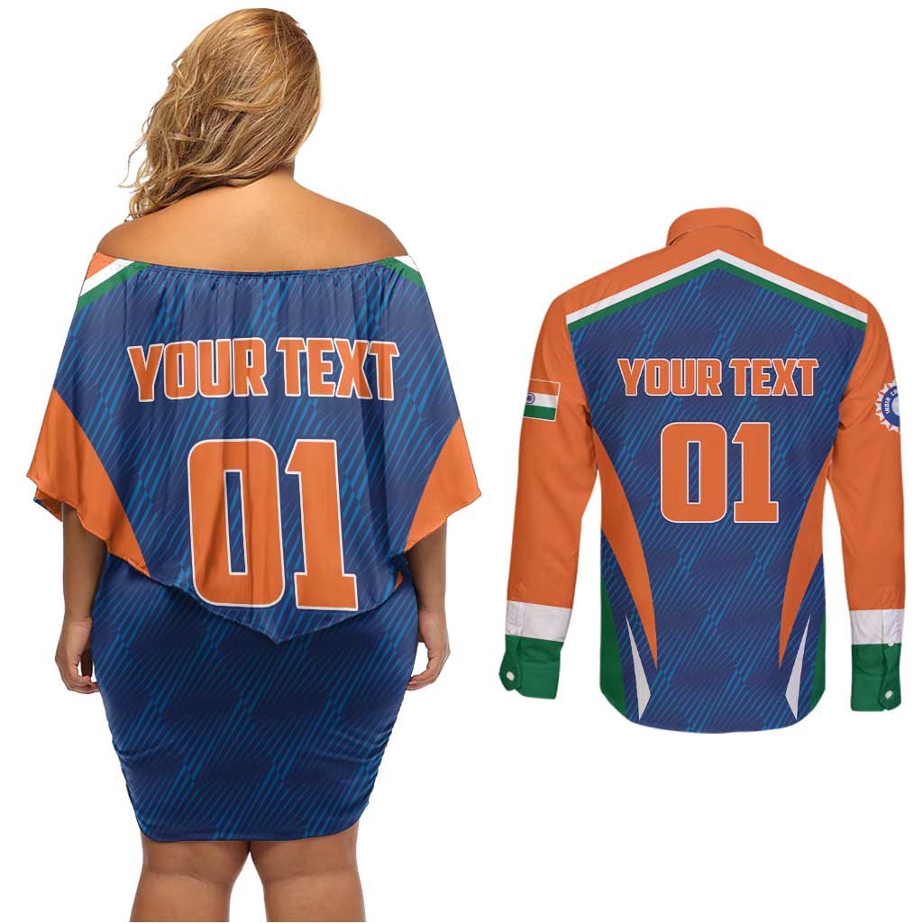 Custom India Cricket Couples Matching Off Shoulder Short Dress and Long Sleeve Button Shirt The Men In Blue Champions - Wonder Print Shop