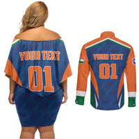 Custom India Cricket Couples Matching Off Shoulder Short Dress and Long Sleeve Button Shirt The Men In Blue Champions - Wonder Print Shop