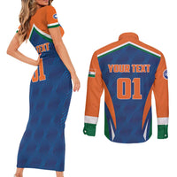 Custom India Cricket Couples Matching Short Sleeve Bodycon Dress and Long Sleeve Button Shirt The Men In Blue Champions - Wonder Print Shop