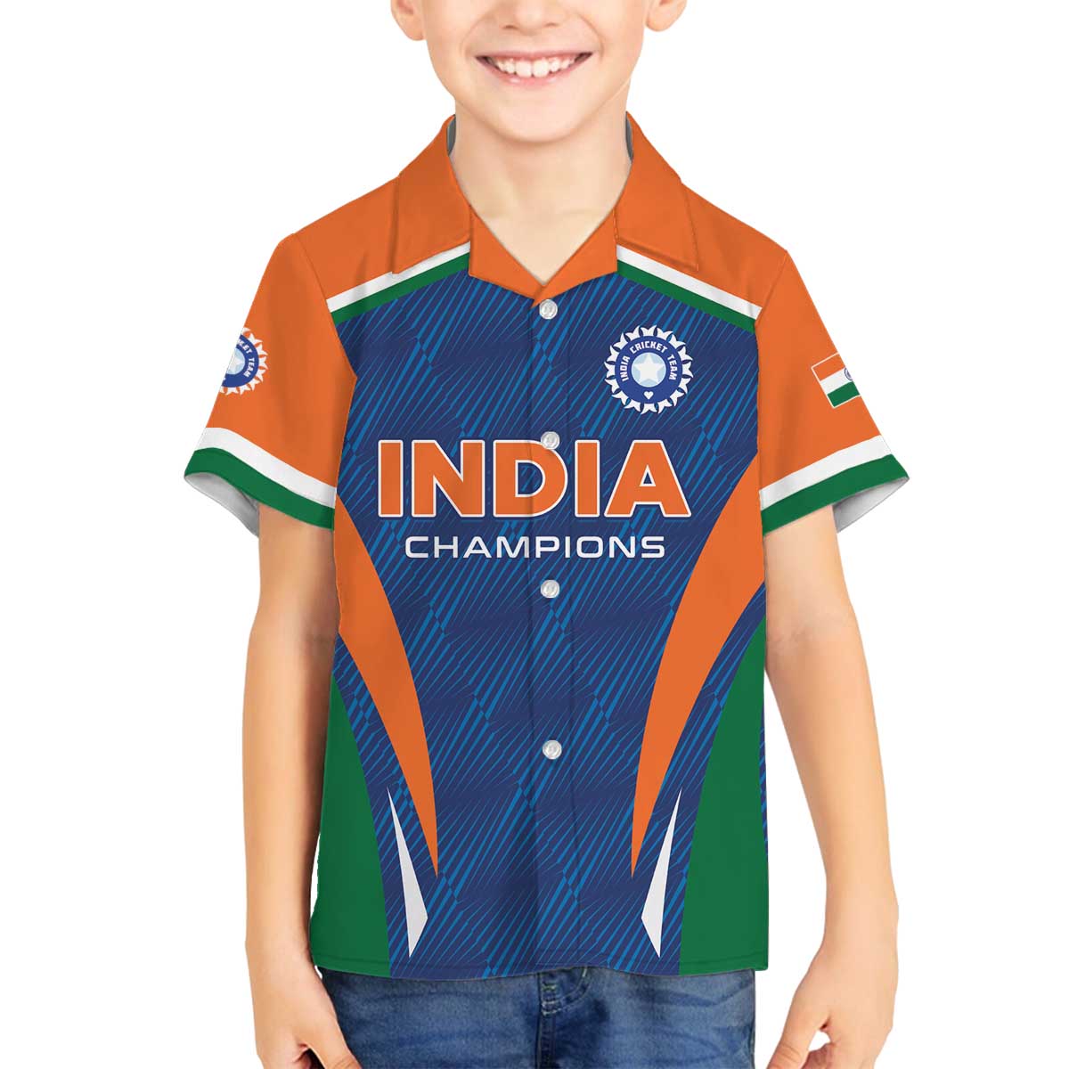 Custom India Cricket Family Matching Off The Shoulder Long Sleeve Dress and Hawaiian Shirt The Men In Blue Champions - Wonder Print Shop