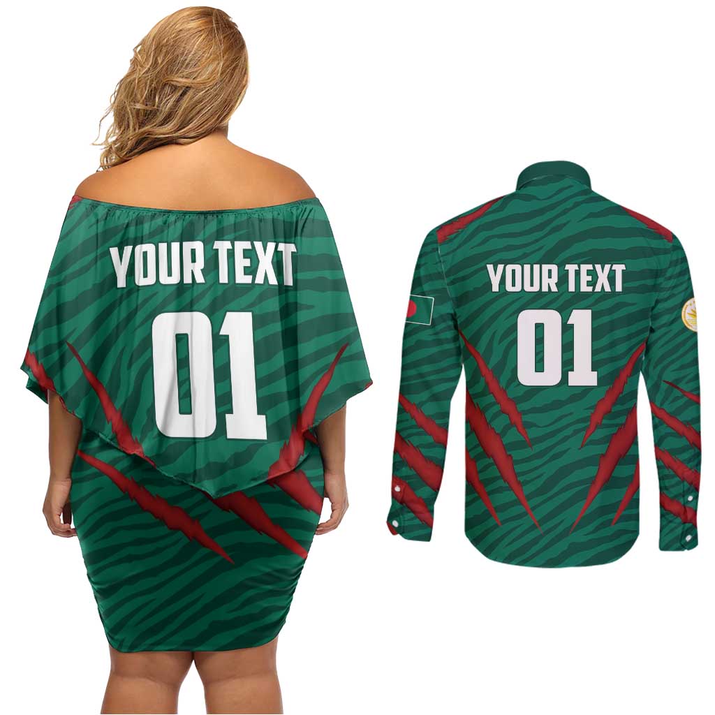 Custom Bangladesh Cricket Couples Matching Off Shoulder Short Dress and Long Sleeve Button Shirt The Tigers Go Champions - Wonder Print Shop