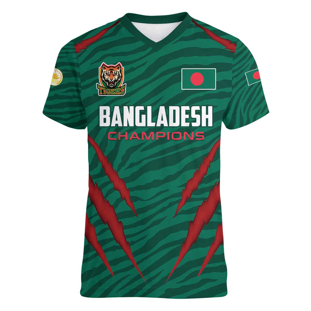 Custom Bangladesh Cricket Women V-Neck T-Shirt The Tigers Go Champions - Wonder Print Shop
