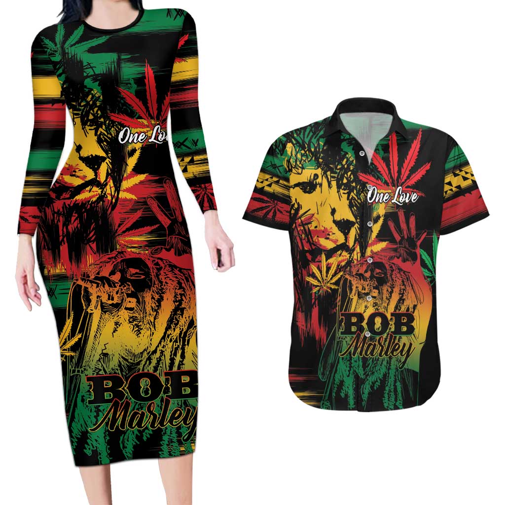 Personalized Reggae King Marley One Love Couples Matching Long Sleeve Bodycon Dress and Hawaiian Shirt Rastafarian Lion Grunge