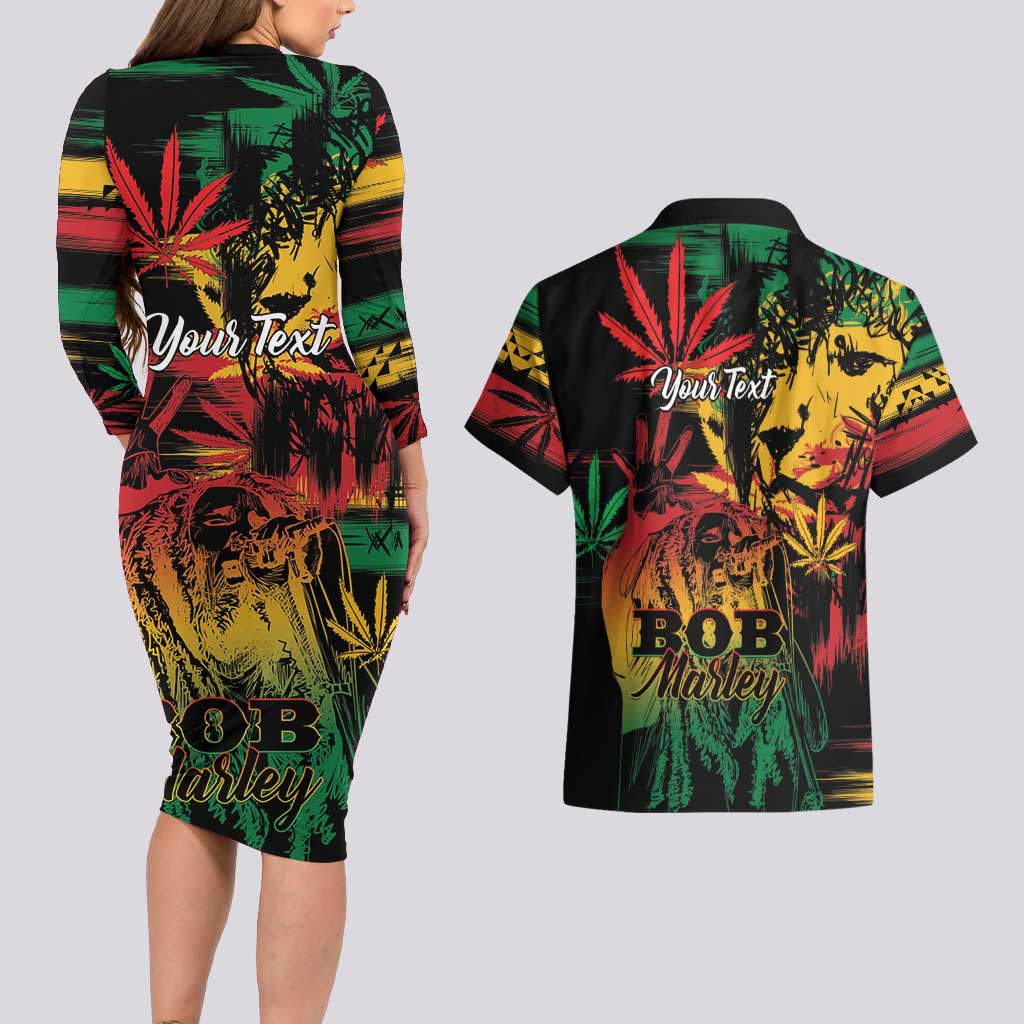 Personalized Reggae King Marley One Love Couples Matching Long Sleeve Bodycon Dress and Hawaiian Shirt Rastafarian Lion Grunge