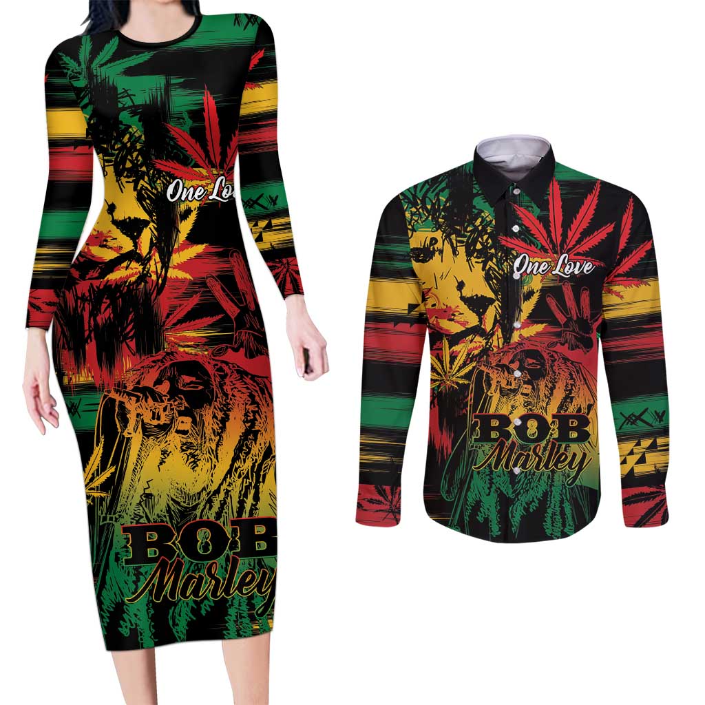 Personalized Reggae King Marley One Love Couples Matching Long Sleeve Bodycon Dress and Long Sleeve Button Shirt Rastafarian Lion Grunge