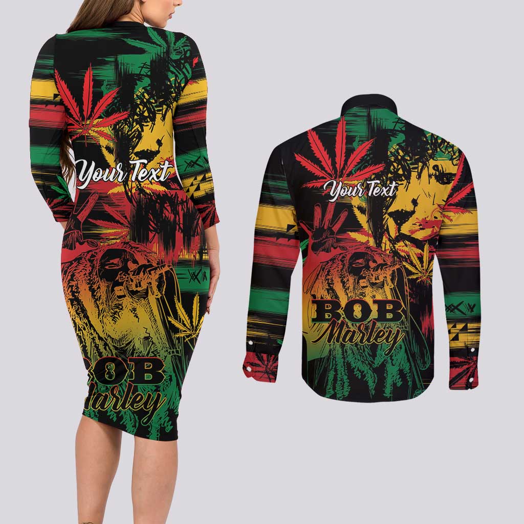 Personalized Reggae King Marley One Love Couples Matching Long Sleeve Bodycon Dress and Long Sleeve Button Shirt Rastafarian Lion Grunge
