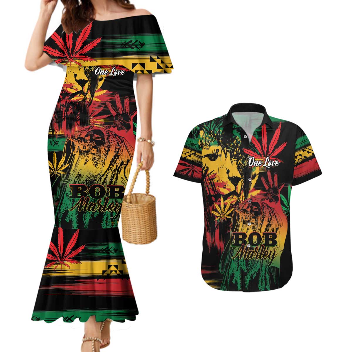 Personalized Reggae King Marley One Love Couples Matching Mermaid Dress and Hawaiian Shirt Rastafarian Lion Grunge