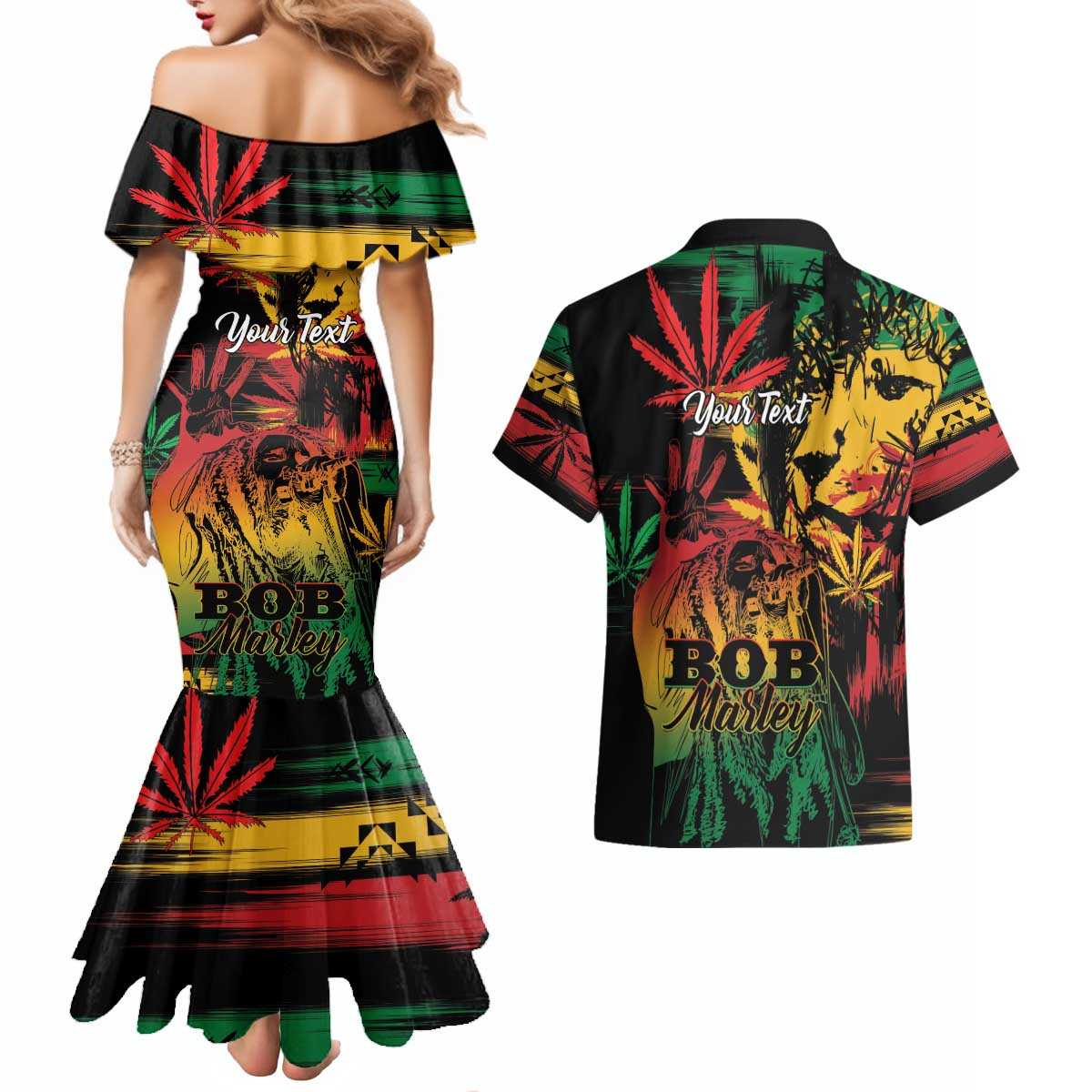 Personalized Reggae King Marley One Love Couples Matching Mermaid Dress and Hawaiian Shirt Rastafarian Lion Grunge