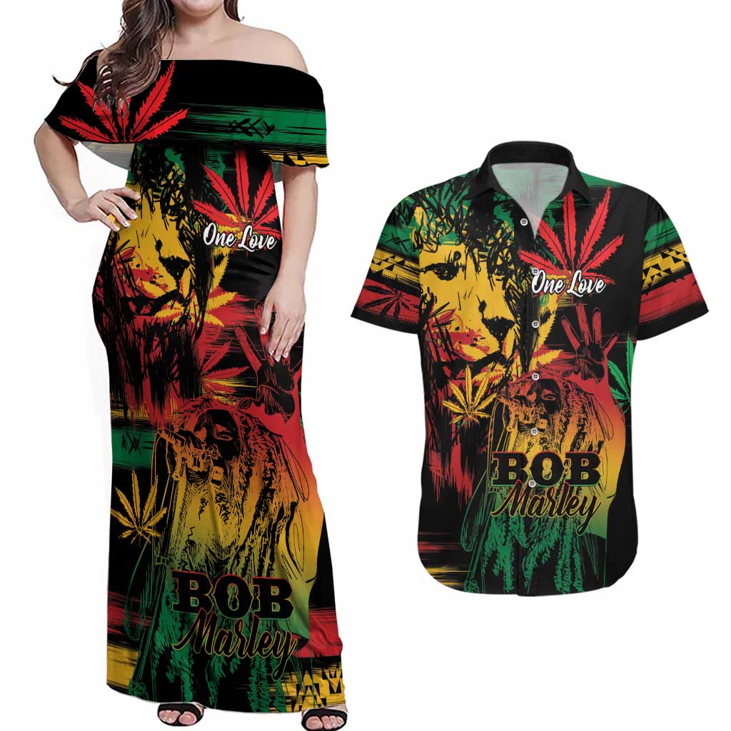 Personalized Reggae King Marley One Love Couples Matching Off Shoulder Maxi Dress and Hawaiian Shirt Rastafarian Lion Grunge