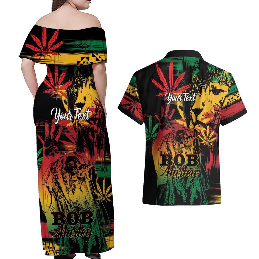 Personalized Reggae King Marley One Love Couples Matching Off Shoulder Maxi Dress and Hawaiian Shirt Rastafarian Lion Grunge