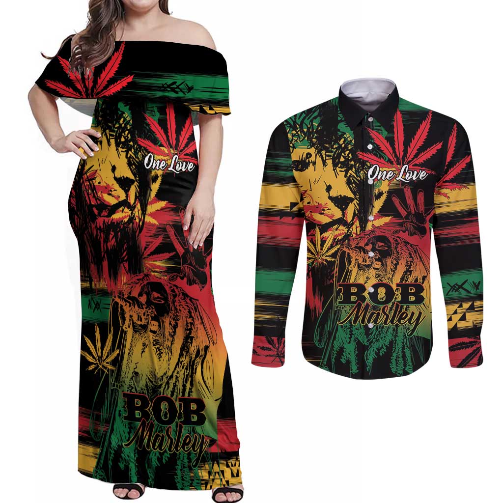 Personalized Reggae King Marley One Love Couples Matching Off Shoulder Maxi Dress and Long Sleeve Button Shirt Rastafarian Lion Grunge