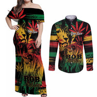 Personalized Reggae King Marley One Love Couples Matching Off Shoulder Maxi Dress and Long Sleeve Button Shirt Rastafarian Lion Grunge