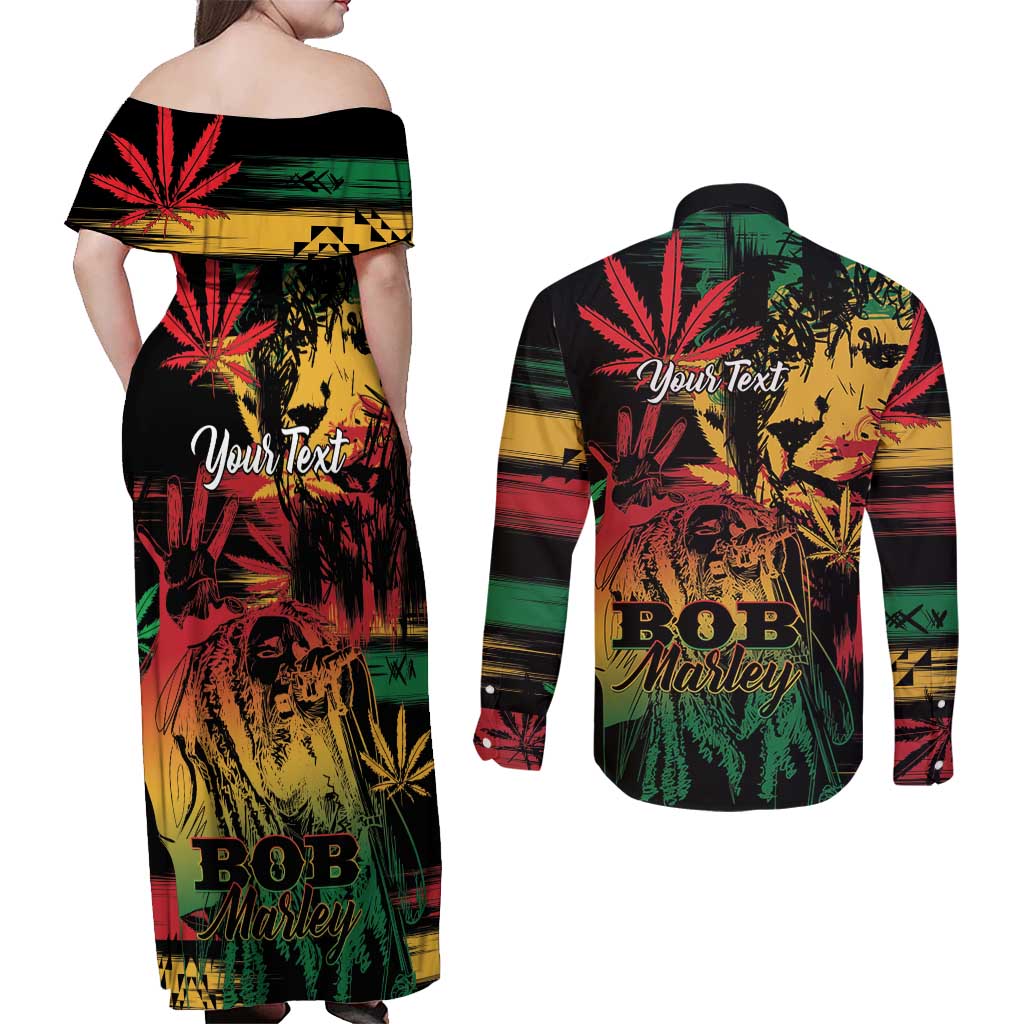 Personalized Reggae King Marley One Love Couples Matching Off Shoulder Maxi Dress and Long Sleeve Button Shirt Rastafarian Lion Grunge