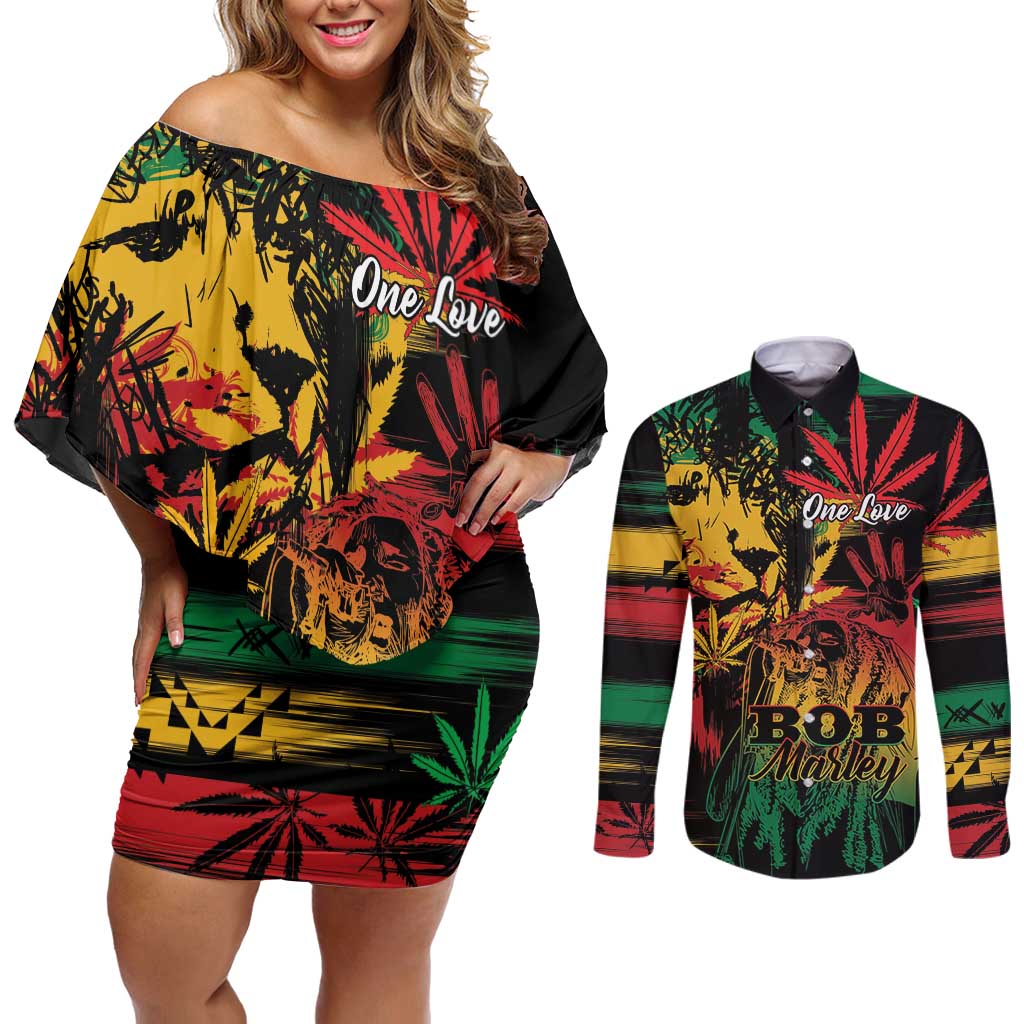 Personalized Reggae King Marley One Love Couples Matching Off Shoulder Short Dress and Long Sleeve Button Shirt Rastafarian Lion Grunge