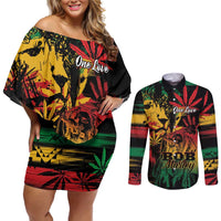 Personalized Reggae King Marley One Love Couples Matching Off Shoulder Short Dress and Long Sleeve Button Shirt Rastafarian Lion Grunge