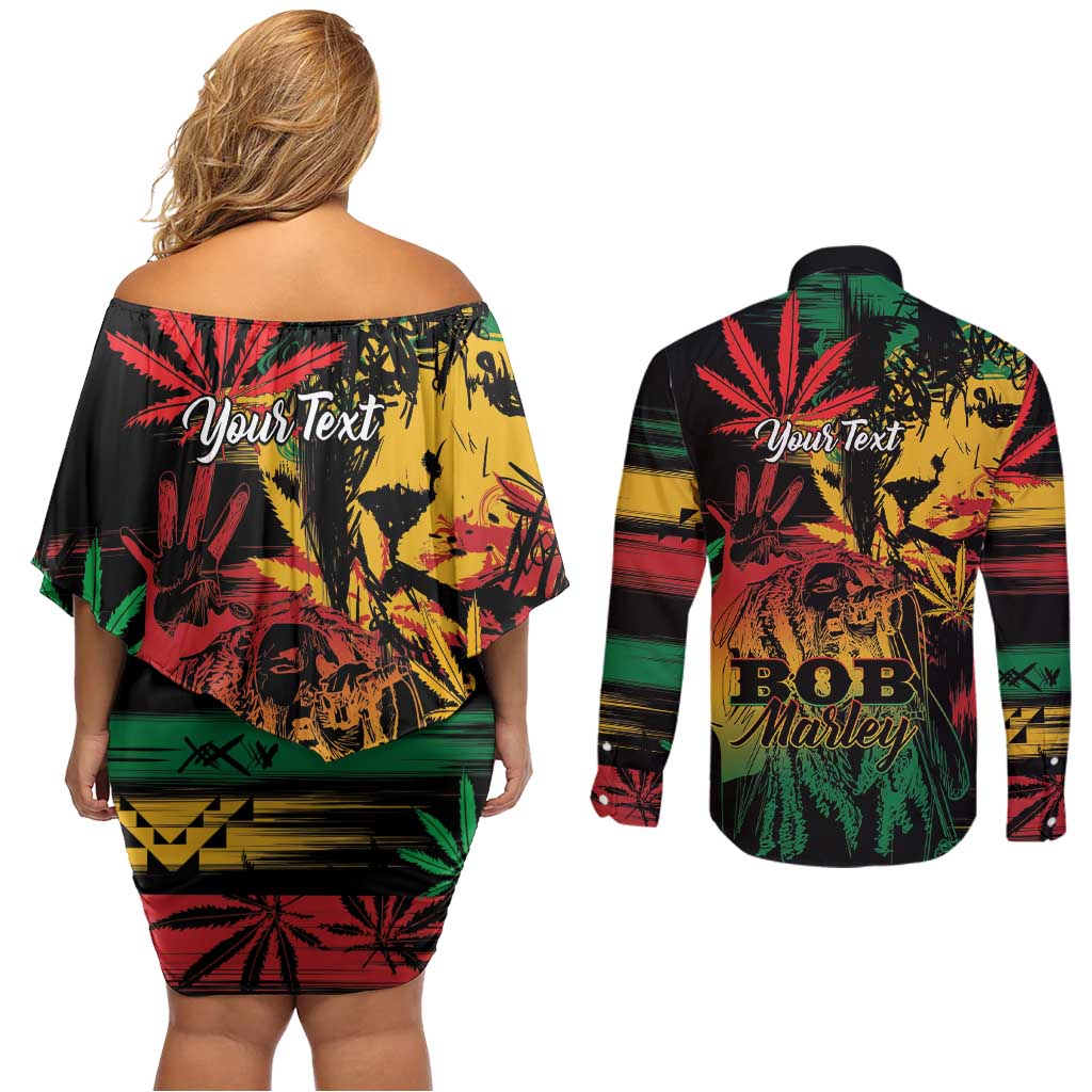 Personalized Reggae King Marley One Love Couples Matching Off Shoulder Short Dress and Long Sleeve Button Shirt Rastafarian Lion Grunge