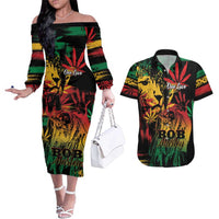 Personalized Reggae King Marley One Love Couples Matching Off The Shoulder Long Sleeve Dress and Hawaiian Shirt Rastafarian Lion Grunge
