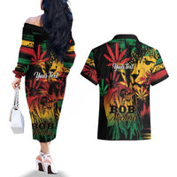 Personalized Reggae King Marley One Love Couples Matching Off The Shoulder Long Sleeve Dress and Hawaiian Shirt Rastafarian Lion Grunge