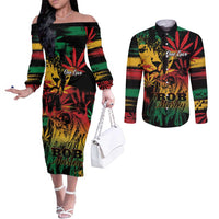 Personalized Reggae King Marley One Love Couples Matching Off The Shoulder Long Sleeve Dress and Long Sleeve Button Shirt Rastafarian Lion Grunge