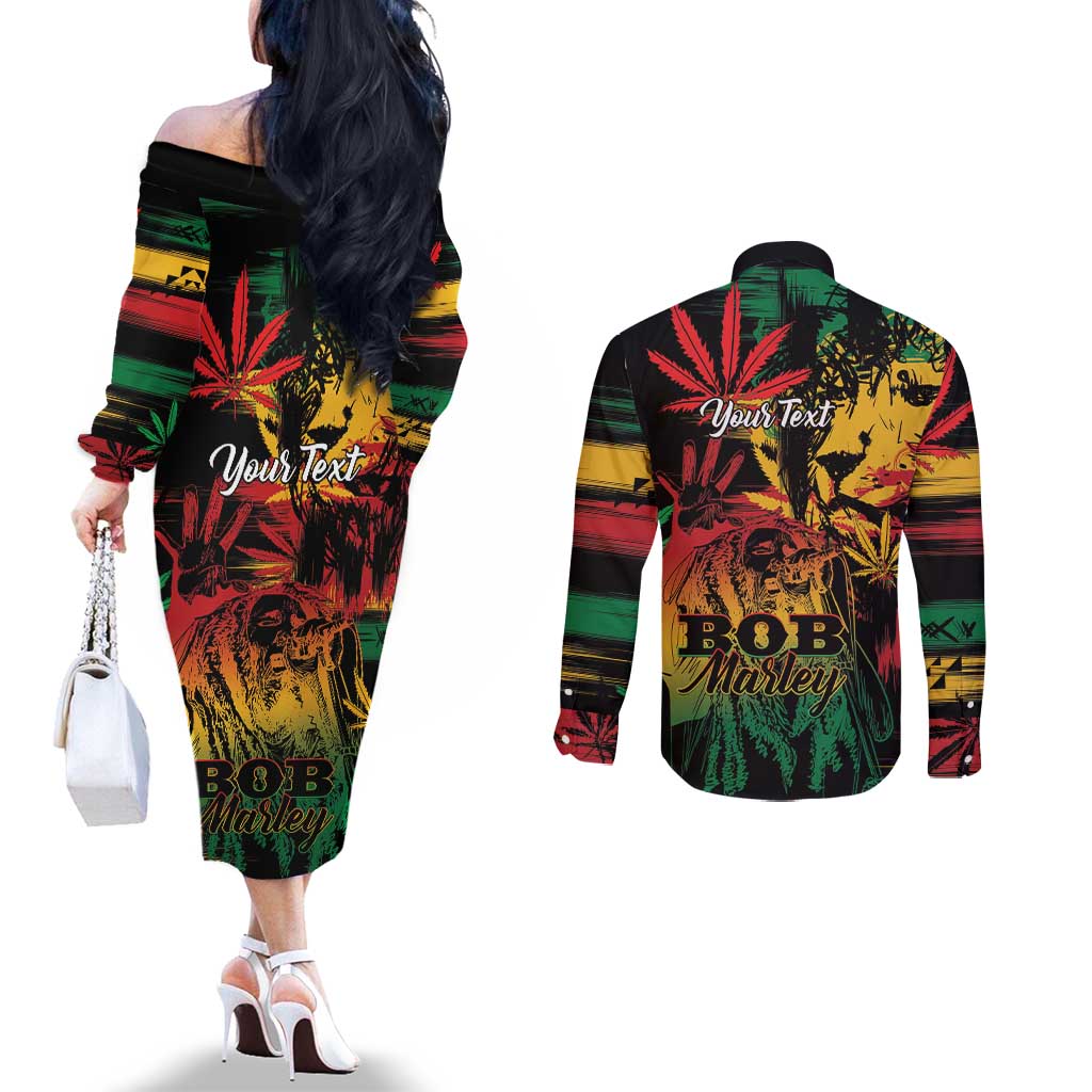 Personalized Reggae King Marley One Love Couples Matching Off The Shoulder Long Sleeve Dress and Long Sleeve Button Shirt Rastafarian Lion Grunge