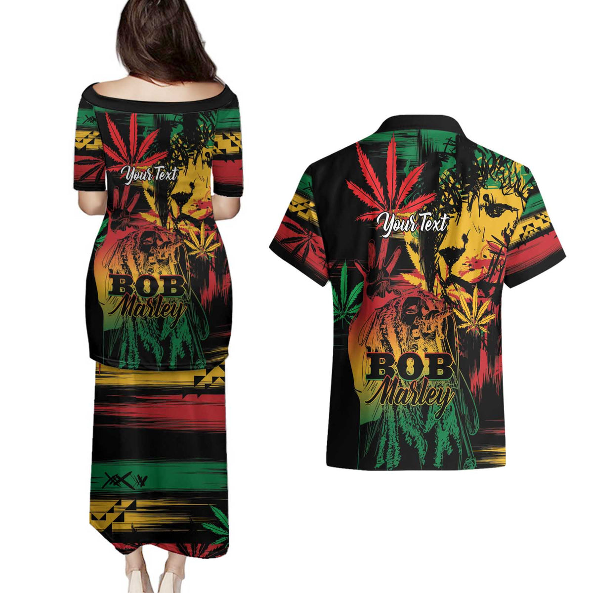 Personalized Reggae King Marley One Love Couples Matching Puletasi and Hawaiian Shirt Rastafarian Lion Grunge